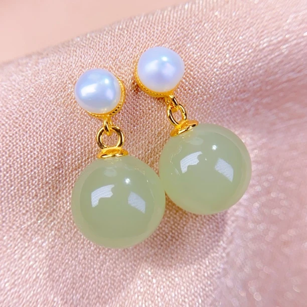 天然和田玉精品青海料冰晴水圆珠约10mm耳环925银耳饰女经典@0271