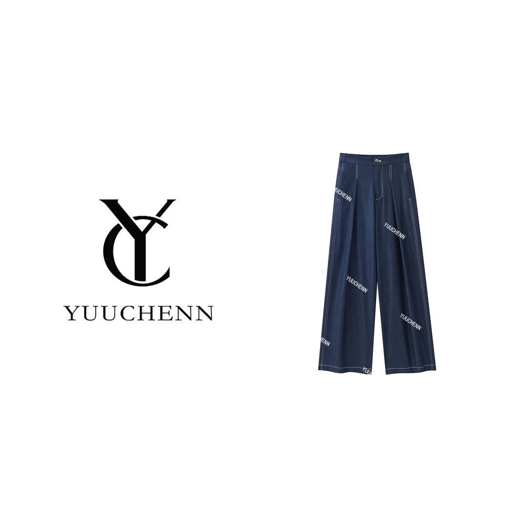 【YUUCHENN】春季新款宽松垂感原色阔腿裤深蓝高腰休闲裤0090