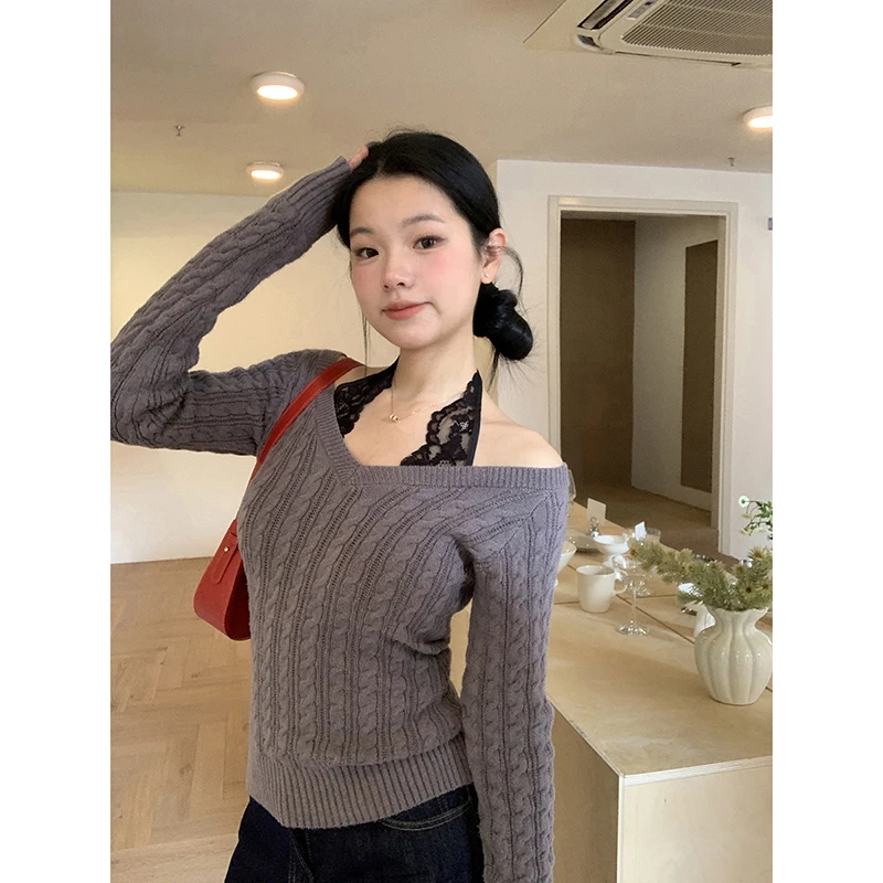 【HRG清仓】秋季气质纯欲拼接蕾丝V领设计感显瘦毛衣Y24112#