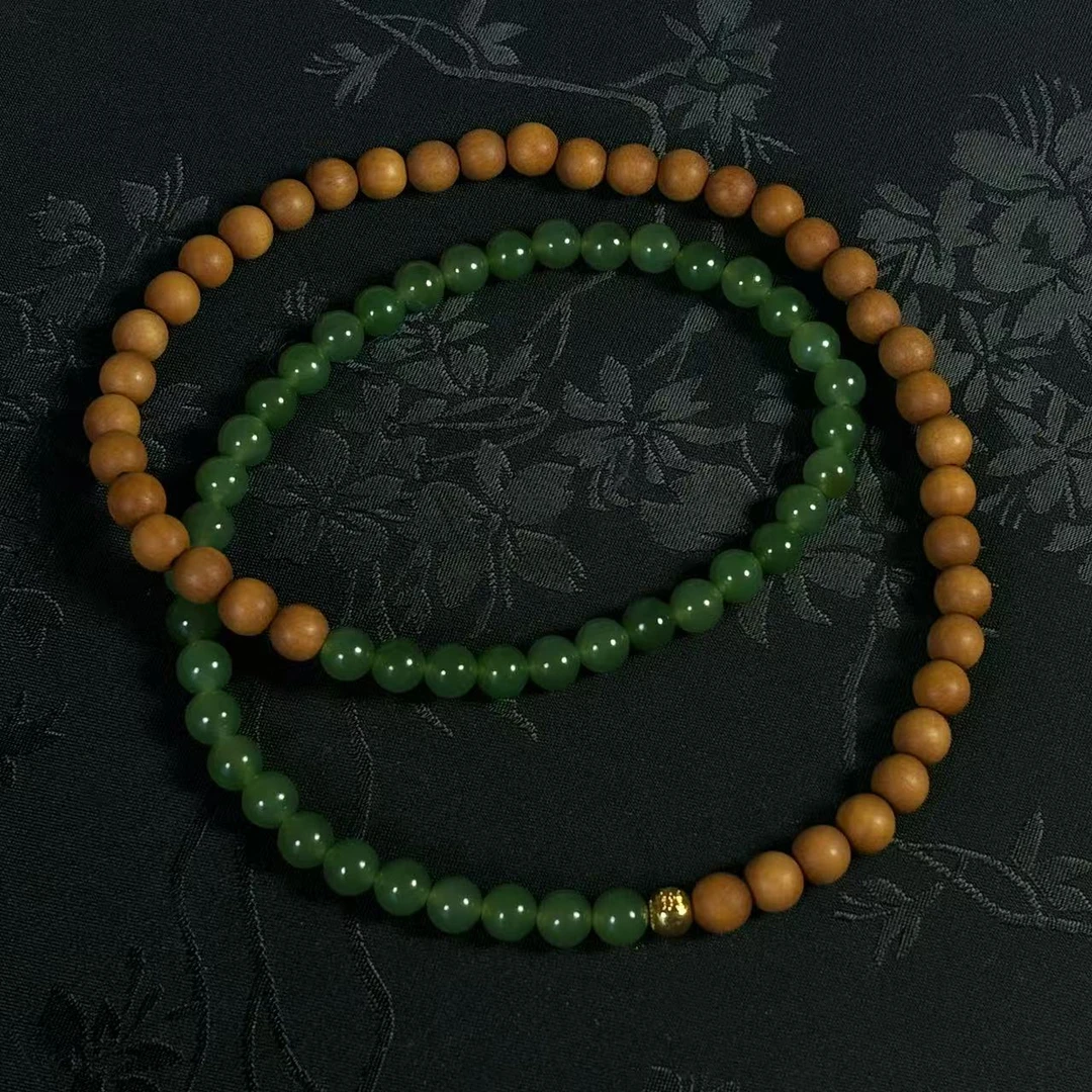 【富余】18k金 老山檀和田玉碧玉多圈手串新中式手链 多样性发其一