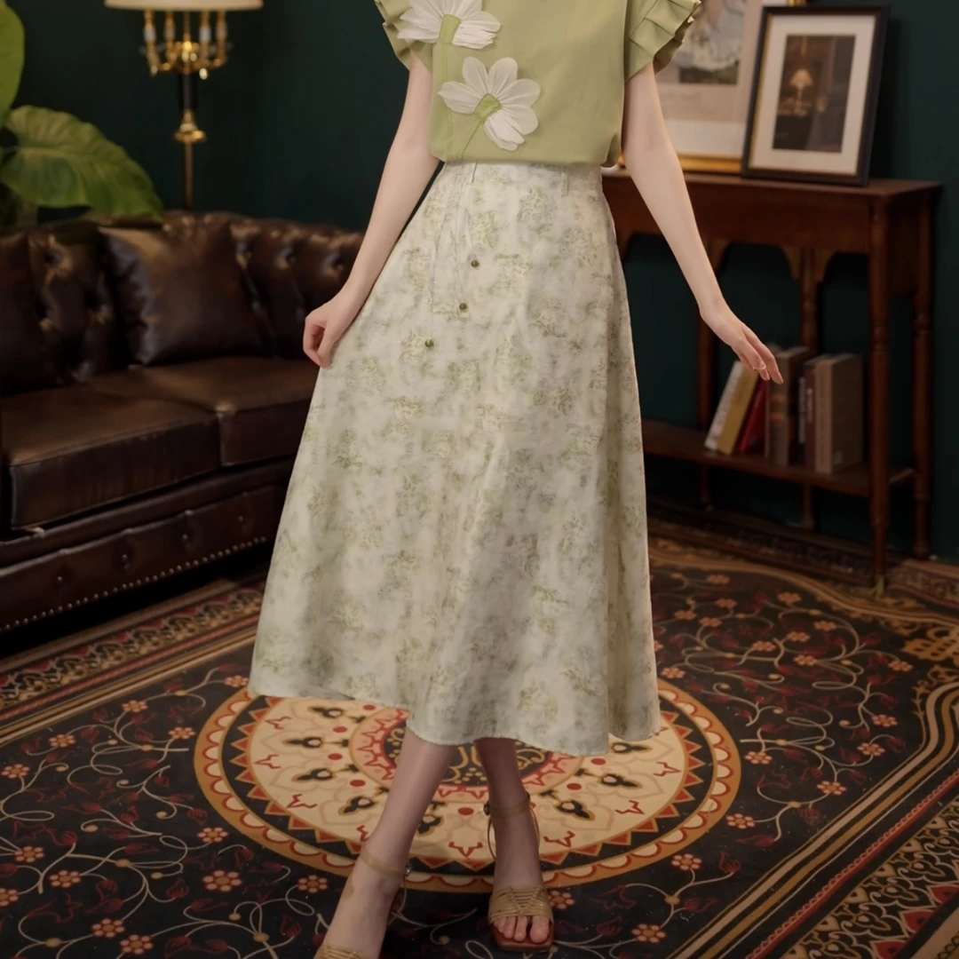 琦琦【豆绿布丁】时尚气质半裙高腰百搭复古半身裙裙子YF1102389