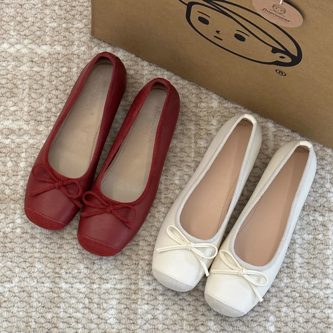 小个子内增高方头红色平底单鞋女秋季新款蝴蝶结芭蕾风复古豆豆鞋