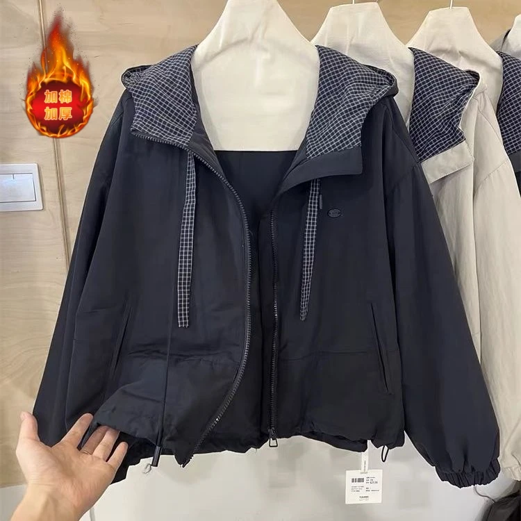 格子纯色短外套不褪色厚款直下摆冬季女常规连帽加厚