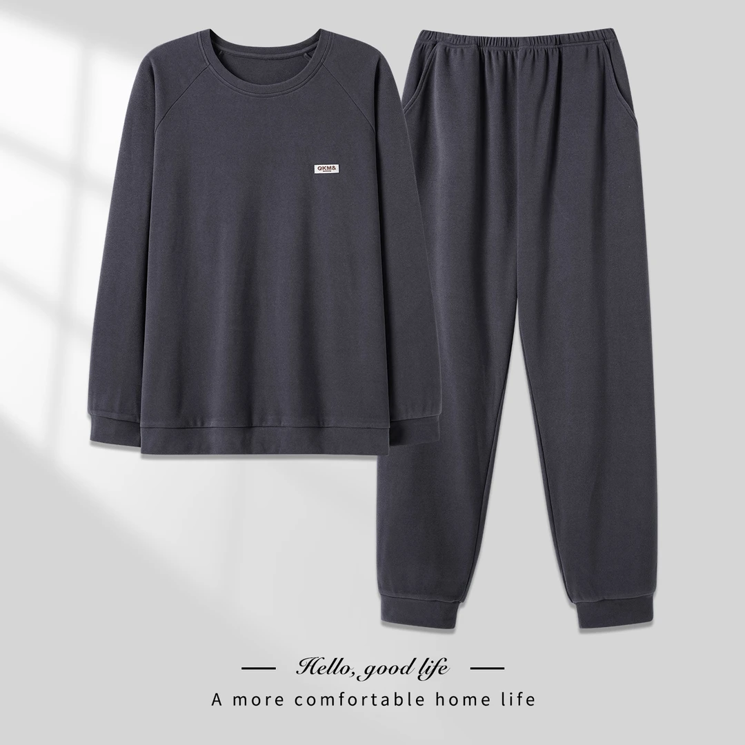 男士睡衣男款春秋冬款德绒套头大码保暖家居服加厚加绒可外穿套装