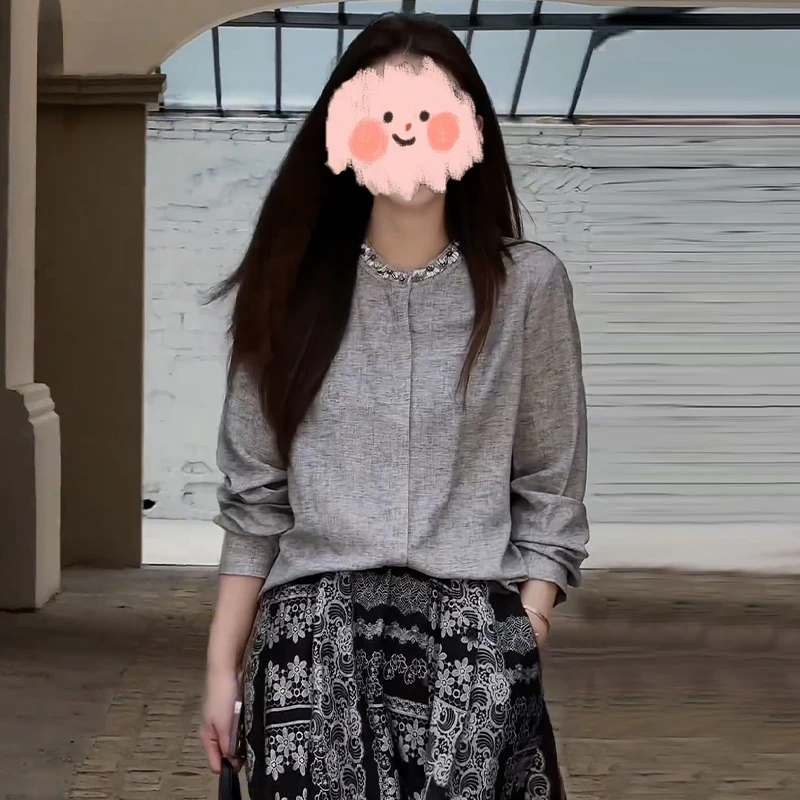 法式高级感圆领长袖衬衫女2025秋季新款大码时尚气质显瘦百搭上衣