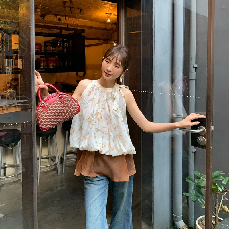 夏法式茶歇绝美气质无袖雪纺碎花上衣女S1155