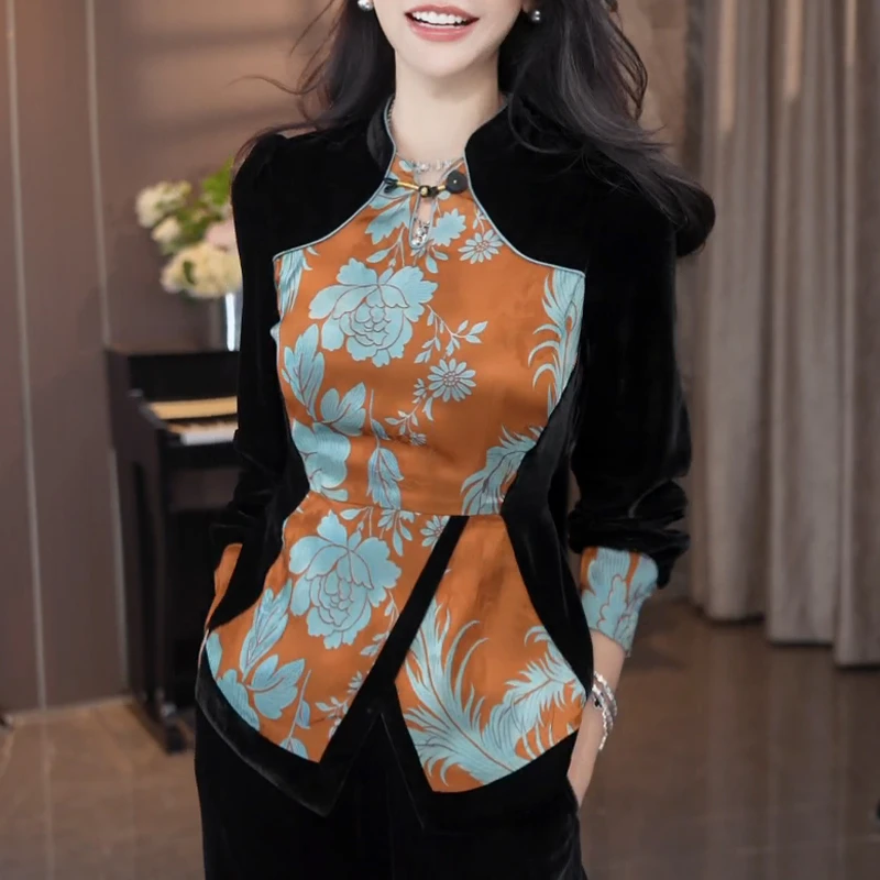 凤凰上衣丝绒高级气质显瘦女装2025春秋季新款新中式国风长袖T恤