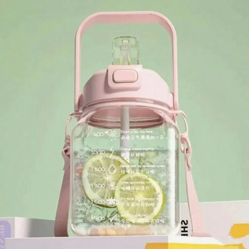 大容量双饮杯口方形吸管水杯1500ML高颜值背带运动水壶