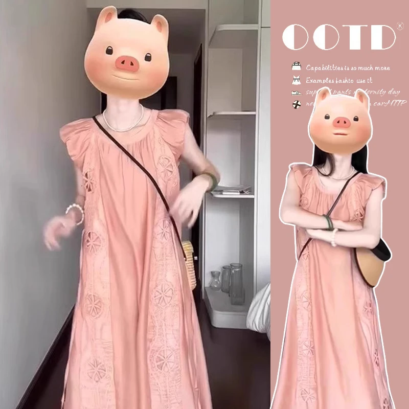 孕妇连衣裙2025新款小飞袖中长款刺绣蕾丝花边夏季薄款洋气裙子女