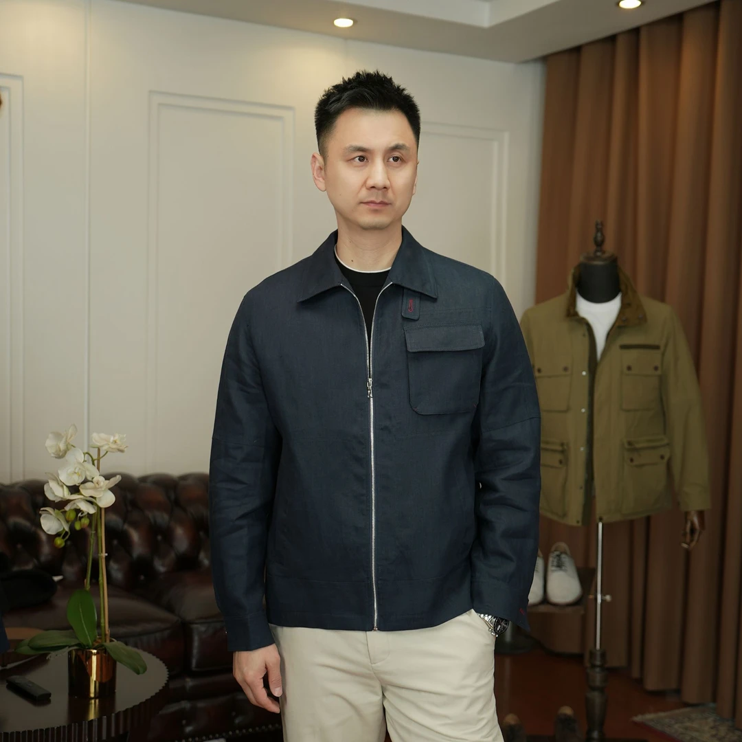 150 男士亚麻老钱风翻领夹克上衣时尚胸前口袋外套 KDSAW9011