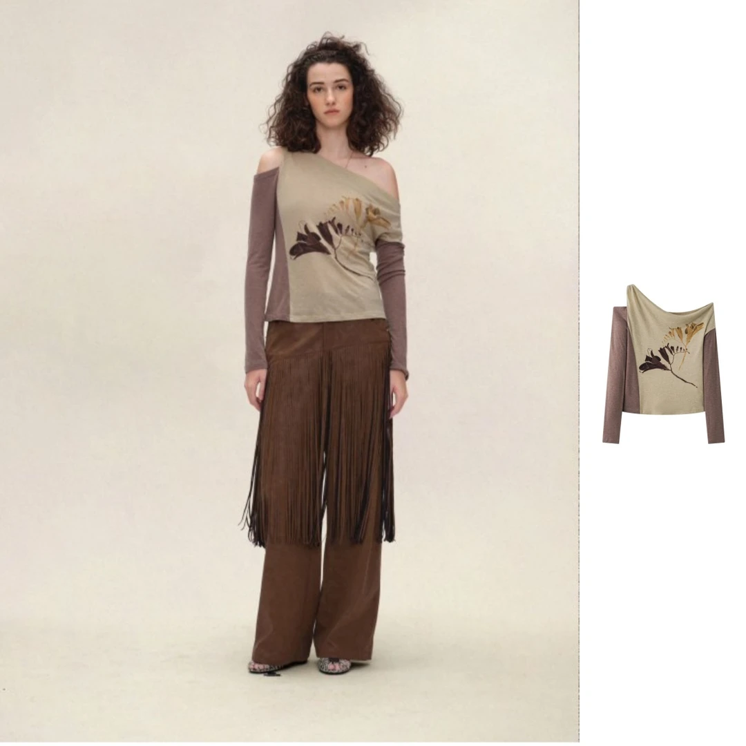 项小七Vena label   25秋季新品斜肩一字肩露肩印花撞色时尚感T恤