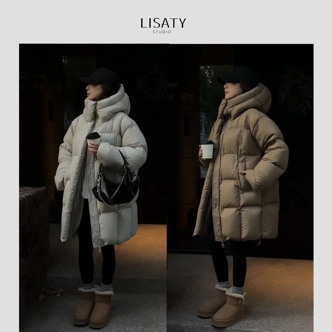 LISATY【充绒量360g+】90白鸭绒 云朵泡泡 连帽长款保暖羽绒服外套
