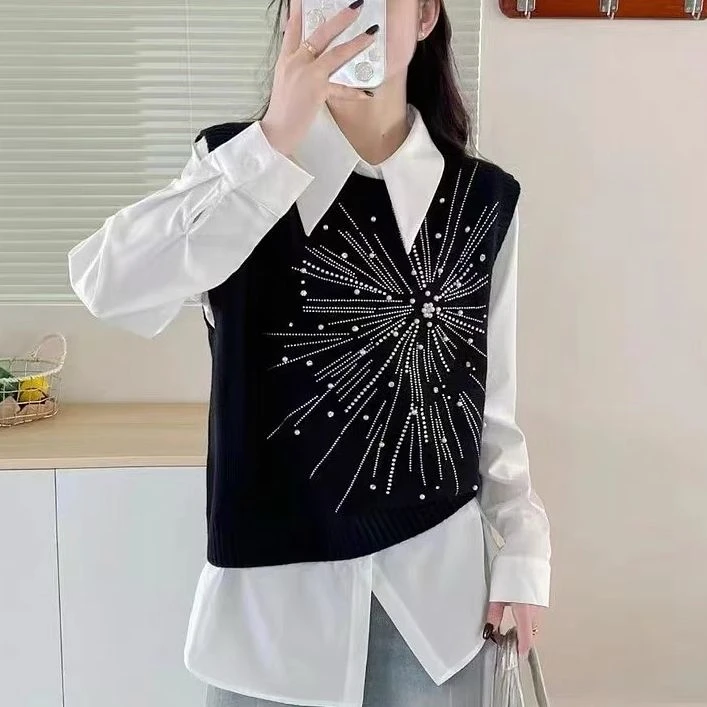 DS51618回味依衣新款高级感时尚设计师衬衫针织马甲两件套上衣