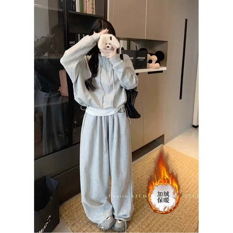 【秋冬加绒加厚】秋冬慵懒风休闲套装高腰显瘦阔腿设计感松弛感套装