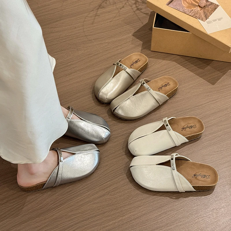 百搭镂空舒适软底包头金属装饰休闲风修面夏平底鞋包头拖法式半拖