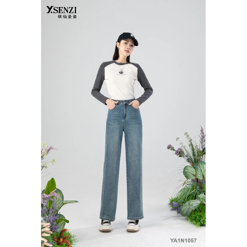 依仙圣姿百搭显瘦牛仔宽松时尚长裤筒裤YA1N1057蓝色直筒