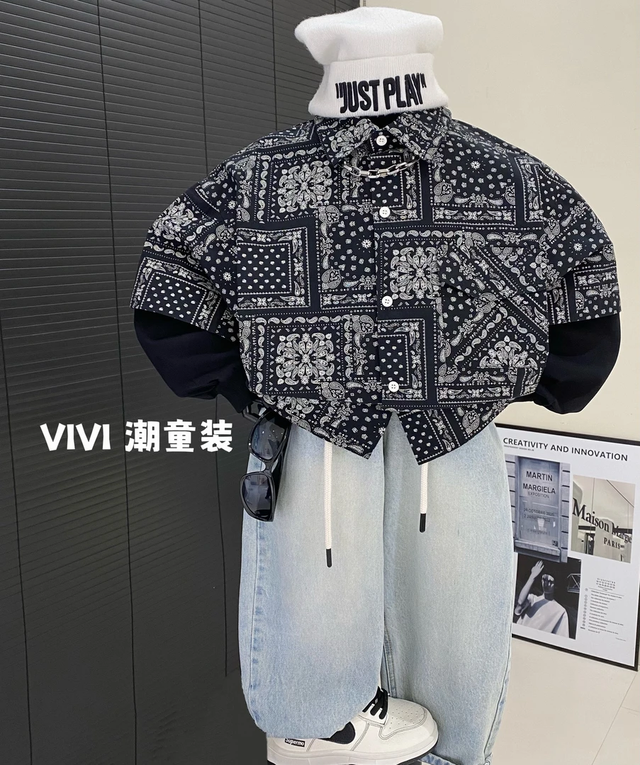 VIVI童装 2025春款潮流中大童洋气腰果花假两件卫衣拼接衬衣外套