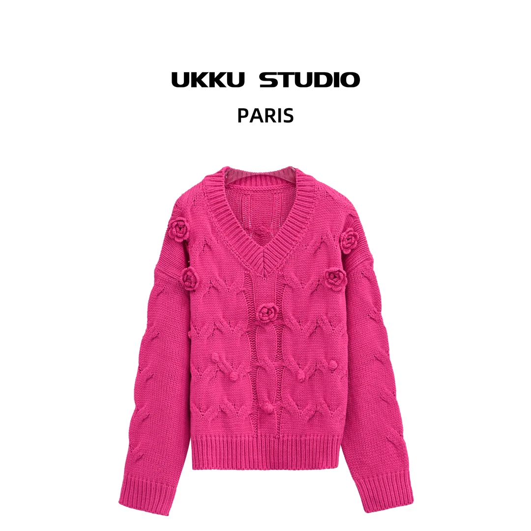 【UKKUSKUDIO】纯色V领常规款可水洗针织衫轻奢女装毛衣313305