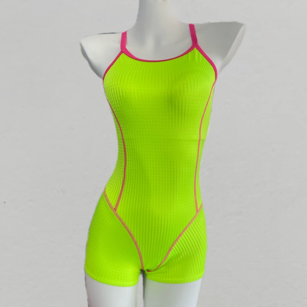 新款女款荧光绿平角连体竞速泳衣高级感速干面料游泳馆训练专用