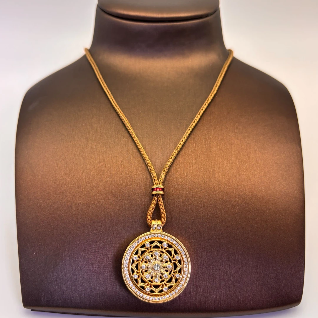 铜合金项链 点钻莲花镂空罗盘 古法精工可旋转 搭配如意绳 x031