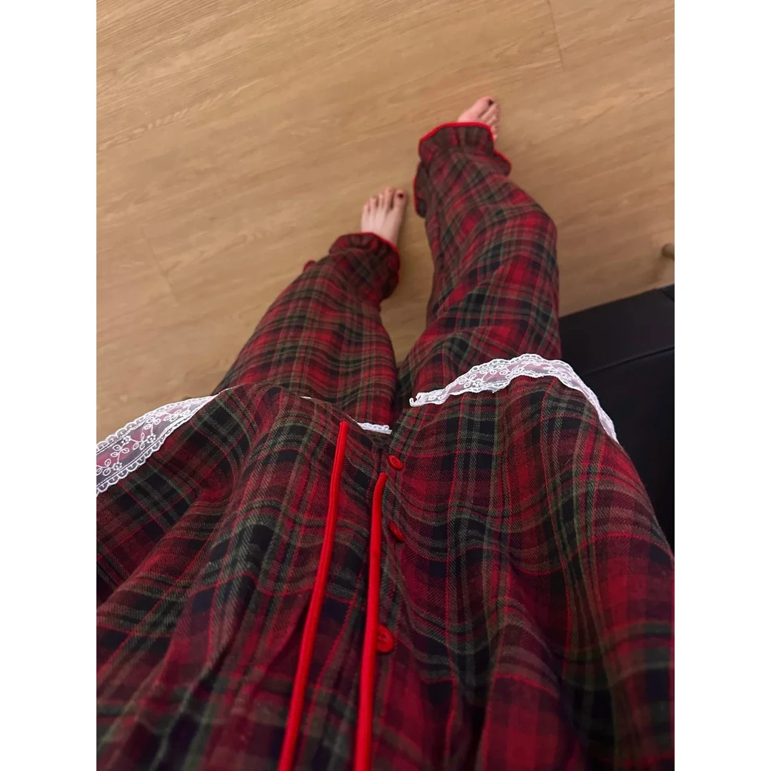 【复古红格】高级感蕾丝边韩版睡衣女春秋套装外穿长袖长裤家居服