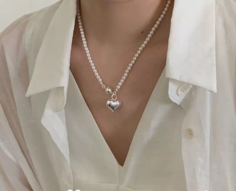 合金仿珍珠项链 心形简约女气质甜美颈链温柔法式