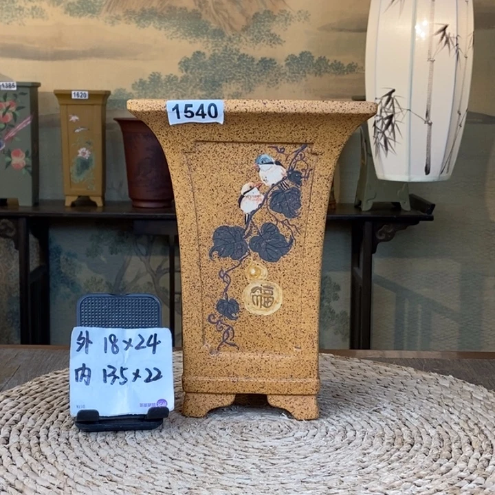 花盆紫砂  特惠柴烧内奎面彩绘葫芦四方签筒1540