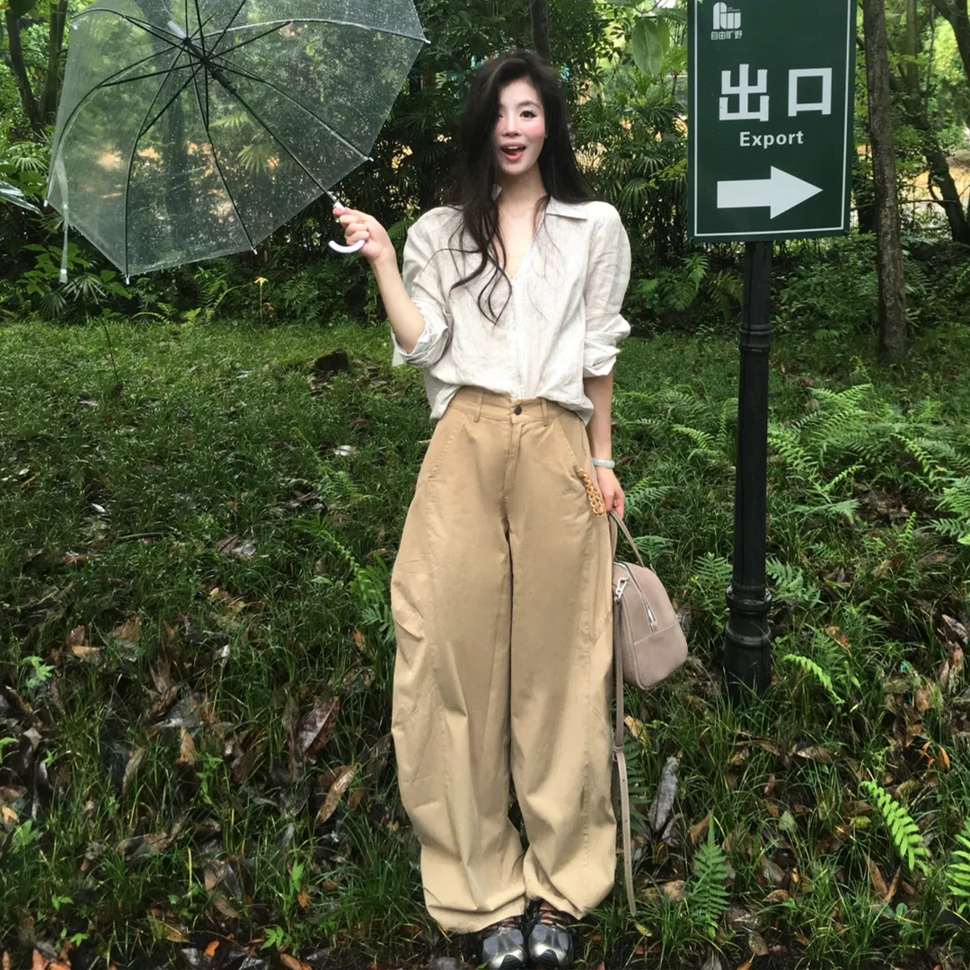 2025爆款韩系穿搭高级感V领条纹衬衫搭配休闲裤气质两件套女套装