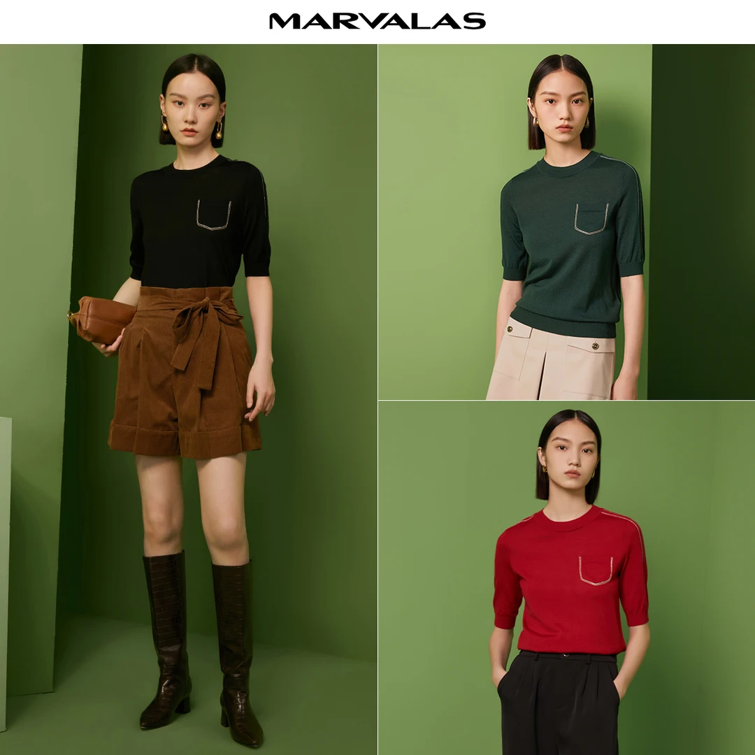 M710170#曼德诗针织衫女2022秋薄款绵羊毛套头五分袖宽松上衣女高