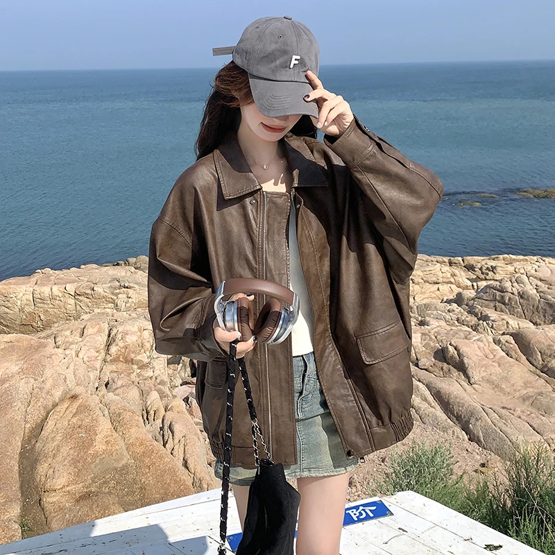 美拉德复古PU皮外套女2025春季新款宽松小个子炸街机车风皮夹克