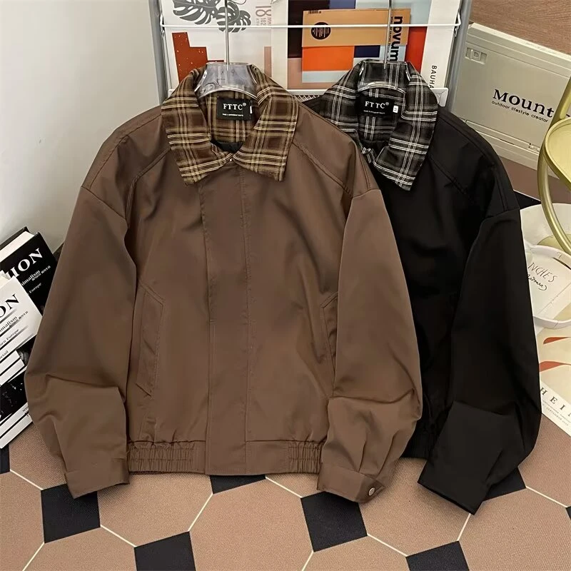 YY11 短宽假两件格子翻领bomber薄款夹克外套