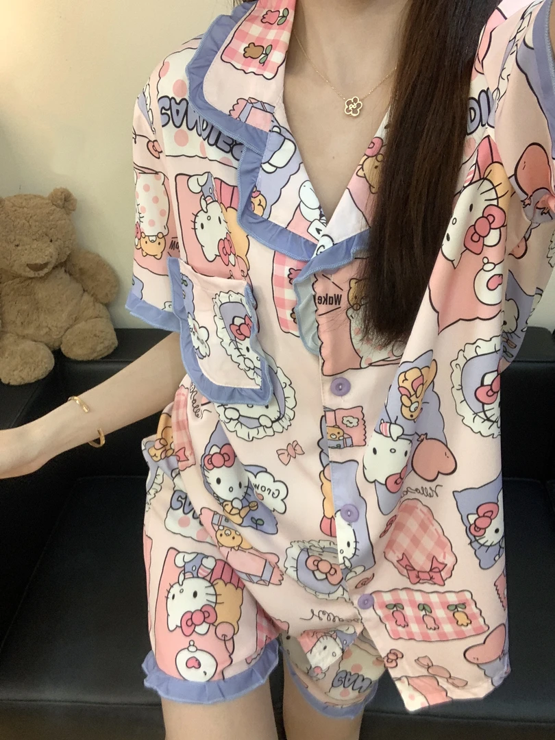 【蛋糕Kitty】新款时尚舒适软冰丝可外穿短袖短裤冰丝家居服套装