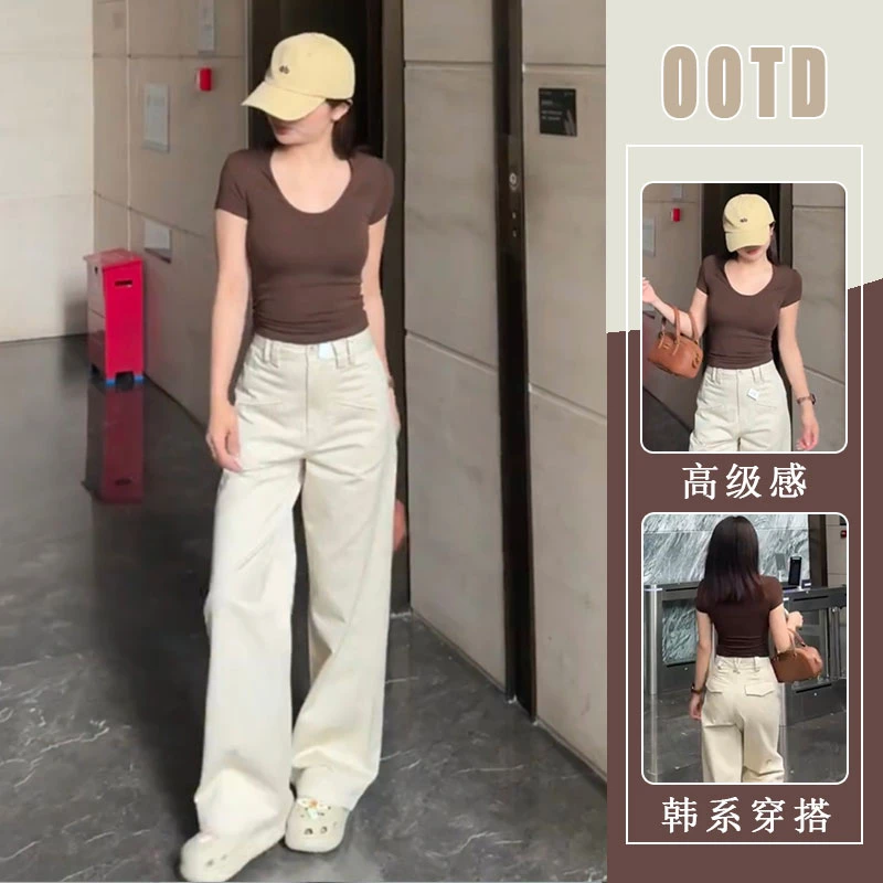 美式辣妹气质修身V领短袖T恤女装2025夏季新款休闲阔腿裤时髦套装