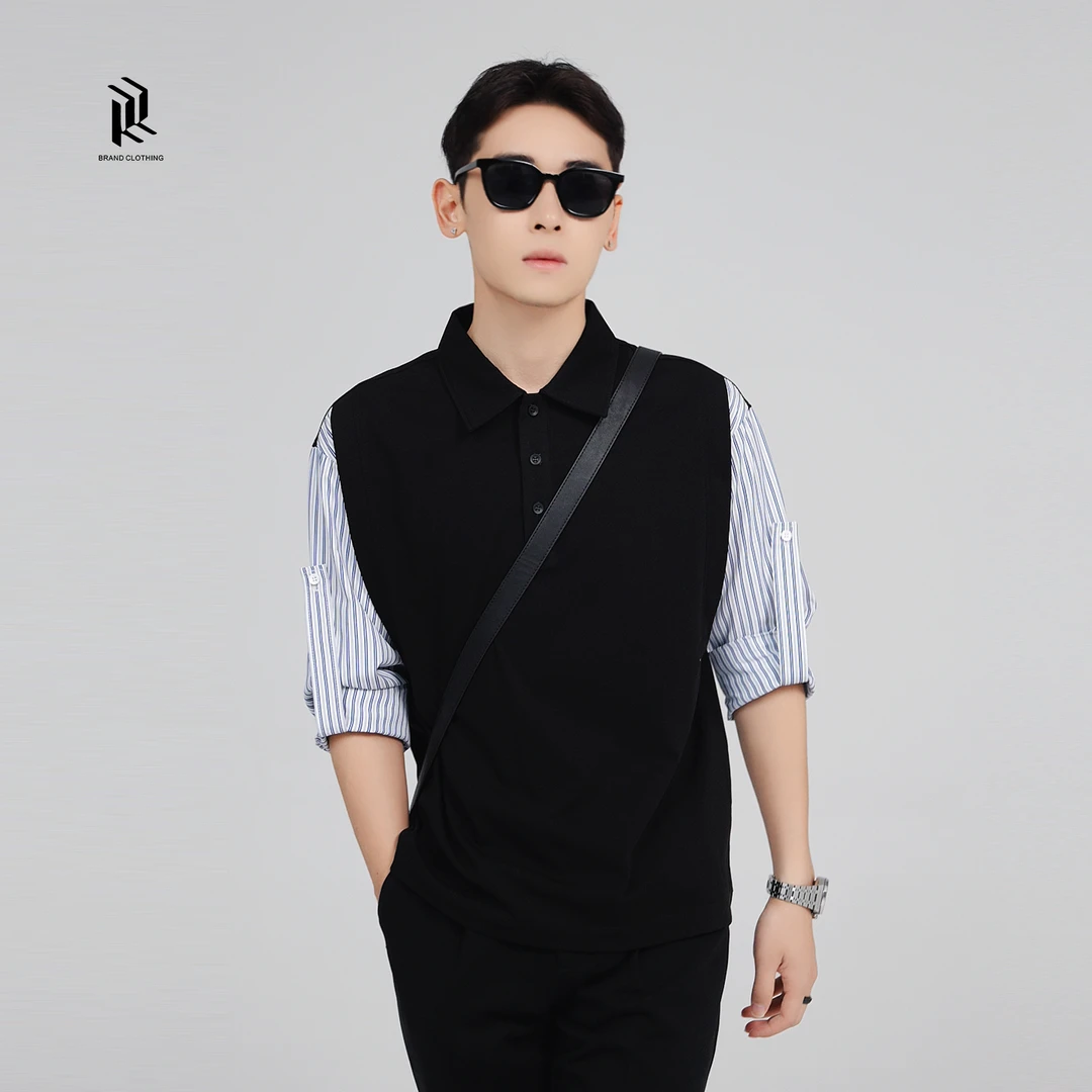 【织韵星蓝  撞色拼接】假两件高端条纹针织翻领休闲百搭衬衫男a11