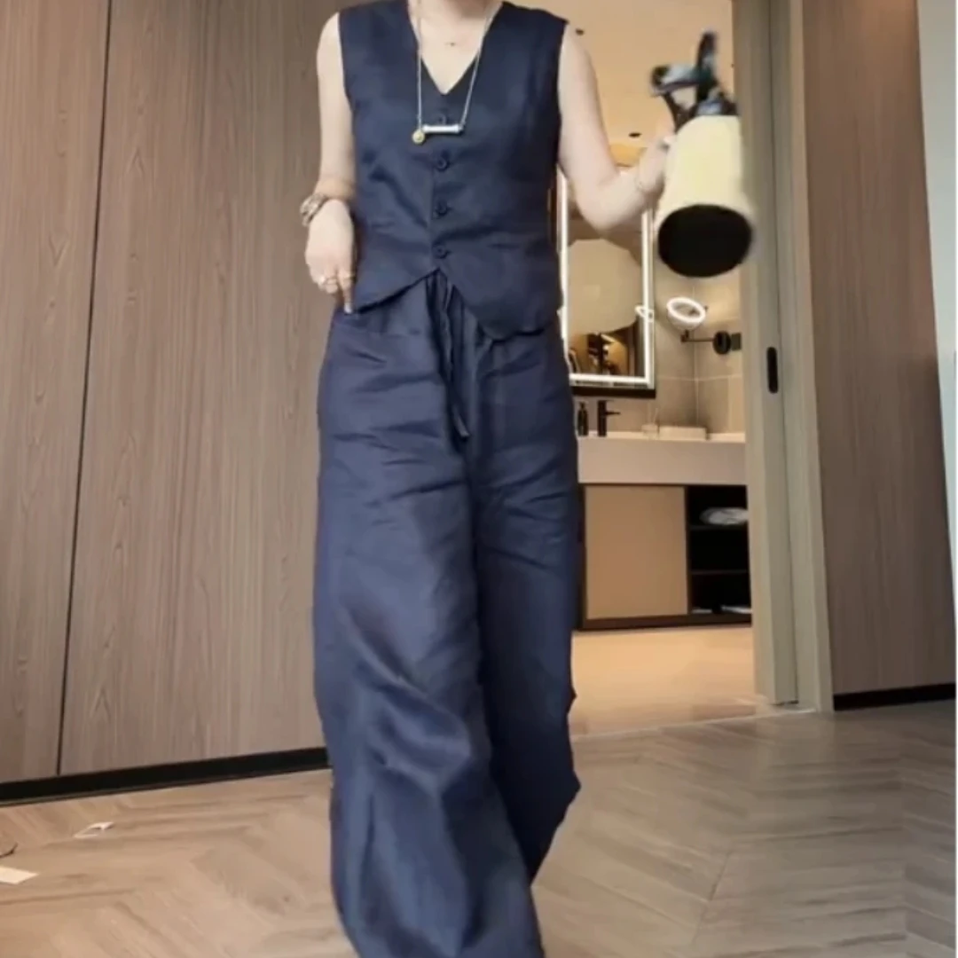 夏季时尚藏蓝色气质时尚无袖马甲阔腿裤套装
