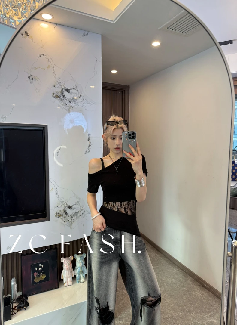 ZC-夏季新款镂空蕾丝拼接不规则显瘦T恤上衣