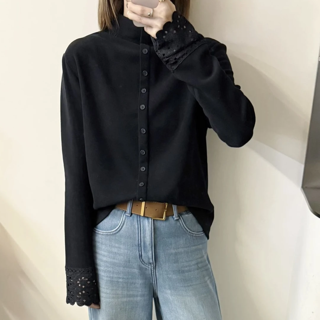 LMM 3190 2025冬季款半高领袖口拼接蕾丝宽松双面德绒打底T恤衫