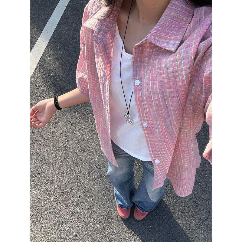 粉色泡泡纱格子衬衫男短袖设计感cleanfit美式慵懒风半袖衬衣外套