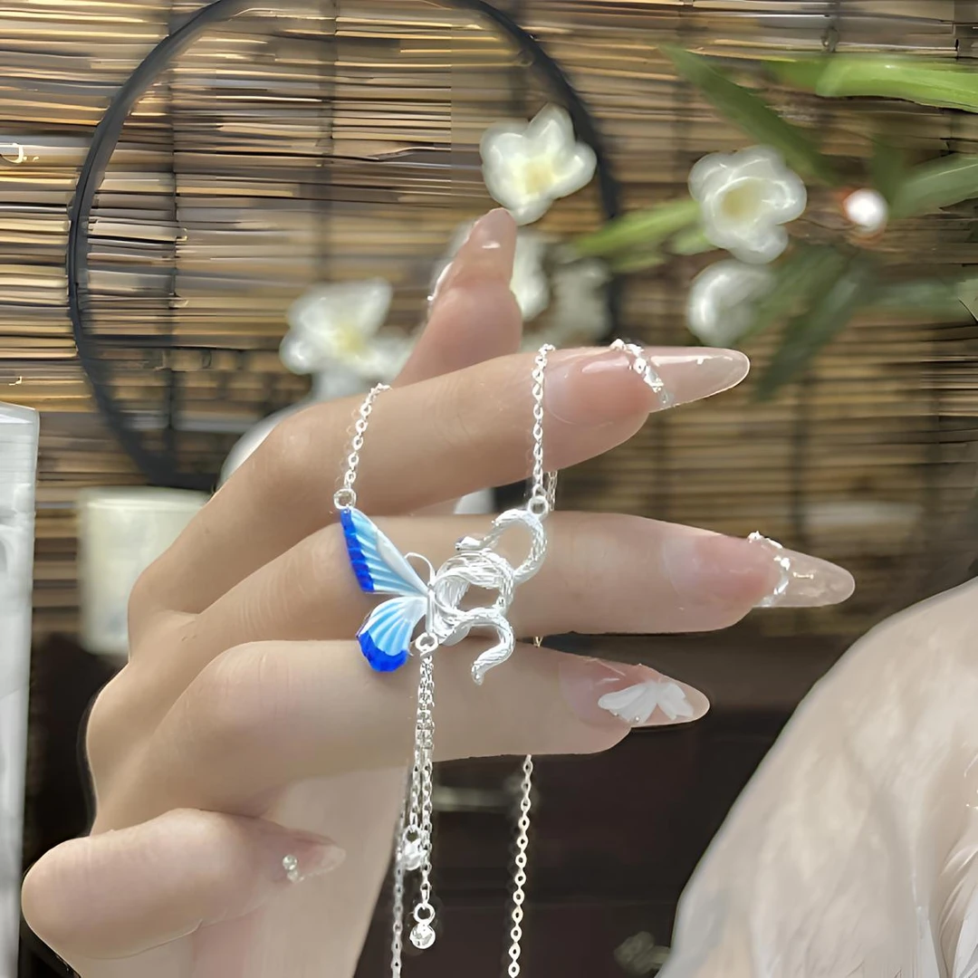 坠链均足银 灵蛇蝶舞蝴蝶苏流项链气质新款高级990纯银锁骨链女