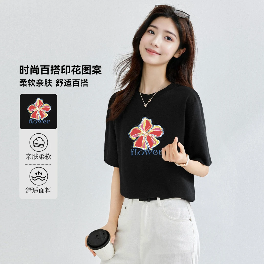 马克华菲女装圆领舒适百搭印花短袖T恤时尚亲肤宽松柔软打底上衣