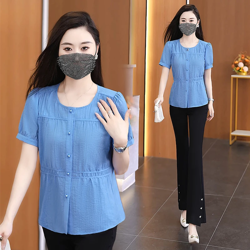 时尚短袖衬衫女士夏季新款小个子宽松遮肚子衬衣休闲百搭洋气上衣