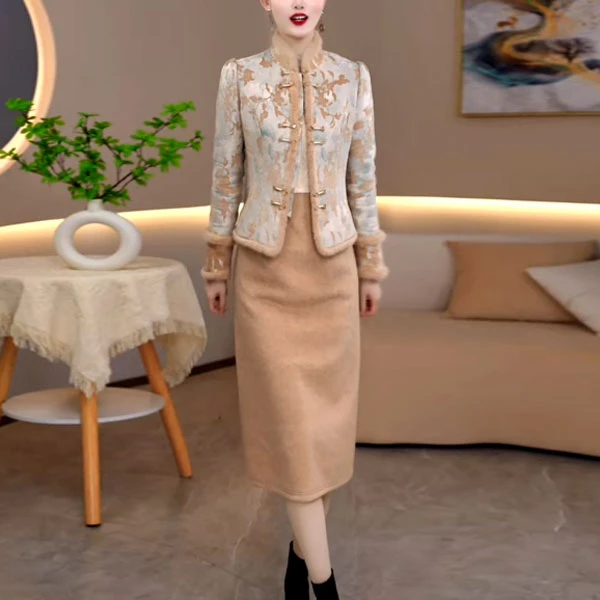 高级奥蒂绒新中式国风气质加厚两件套连衣裙2024冬季新款套装裙子