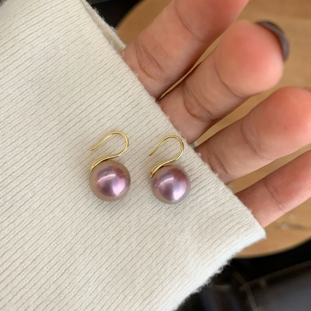 淡水爱迪生正圆强光“国潮紫”11-12mm紫色珍珠高跟鞋耳钩