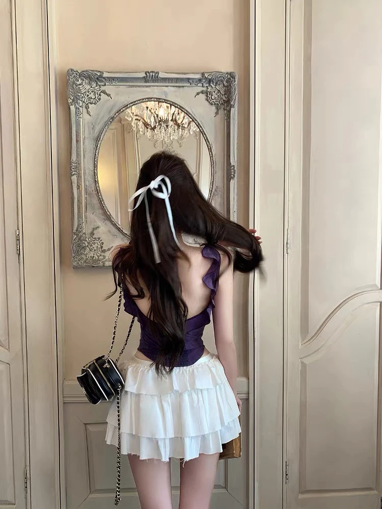 JUJU【葡萄拿铁】荷叶边系带露背吊带背心褶皱蛋糕裙套装