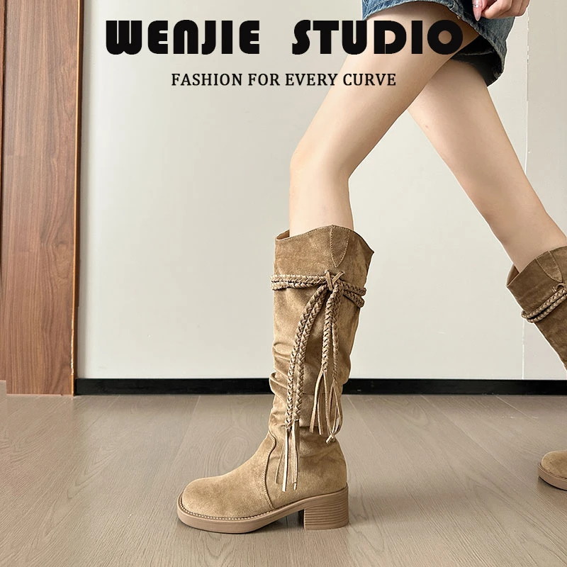 复古流苏堆堆靴2025新款废土风不过膝长筒靴绒面显瘦骑士靴大码