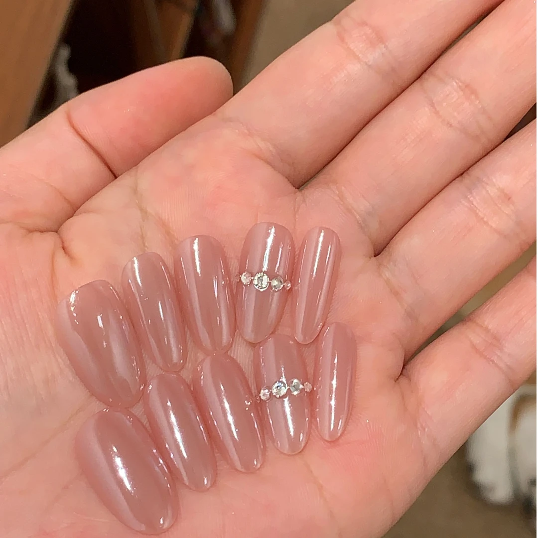 小灯泡  月光粉施华洛钻海莉同款美甲 一朵山茶纯手工穿戴甲
