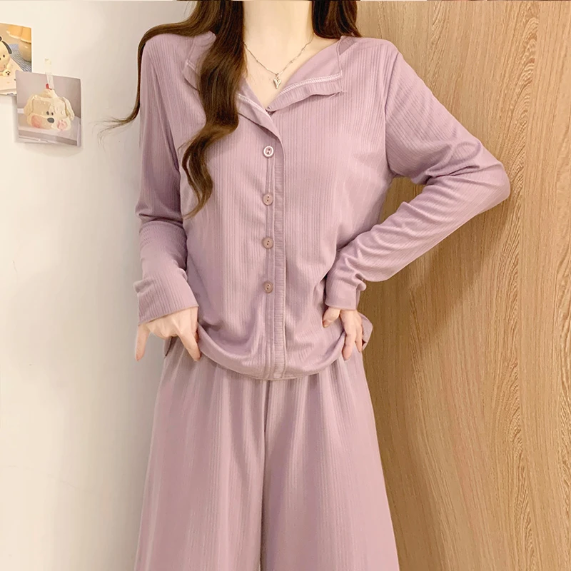 睡衣女春秋季薄款精梳棉女士休闲带胸垫一体紫色大码可外穿两件套