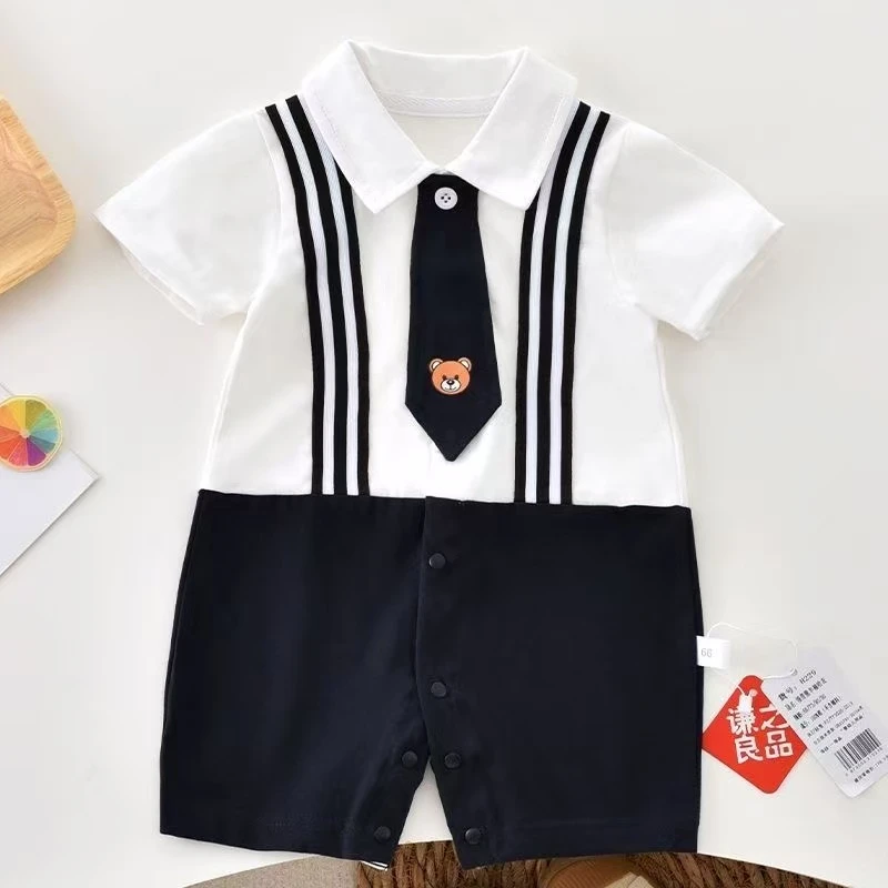 婴儿翻领连体衣服夏季新生男宝薄款透气爬服POLO衫短袖假两件哈衣