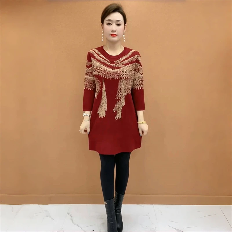 春季新款时尚洋气焦麻针织大版衫宽松遮肉弹力中长款小个子毛衣裙