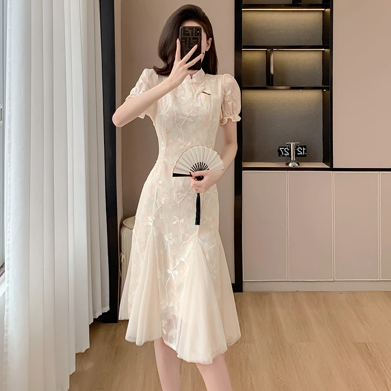 2025夏季新款年轻中国古风日常汉服改良版旗袍雪纺网纱连衣裙子女
